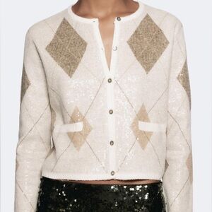 NWT ZARA ARGYLE SEQUIN KNIT CARDIGAN
